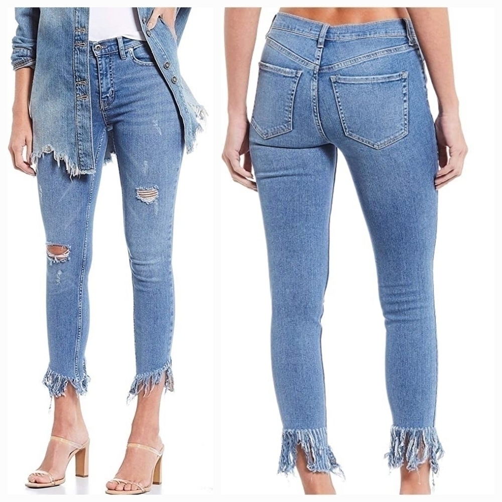 Free People Women's Great Heights Skinny Jeans Frayed Hem Blue